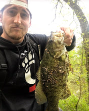 Load image into Gallery viewer, Big Smallmouth Bass caught on a Nickel inline spinner (Dangle Lures Bullet). Great lures for creek fishing and pond fishing.
