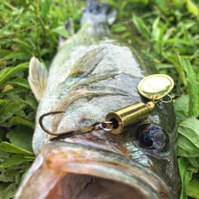 Load image into Gallery viewer, Big Bass caught on a brass inline spinner (Dangle Lures Drip). Great lures for pond fishing and river fishing.