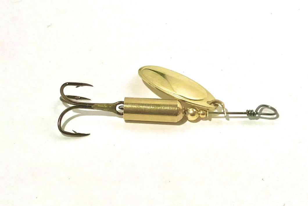 Brass inline spinner (Dangle Lures Crash). Great lures for pond fishing and river fishing.