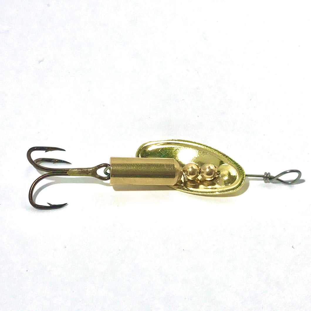 Brass inline spinner (Dangle Lures Cannon). Great lures for pond fishing and river fishing.