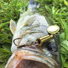 Load image into Gallery viewer, Big Bass caught on a brass inline spinner (Dangle Lures Drip). Great lures for pond fishing and river fishing.

